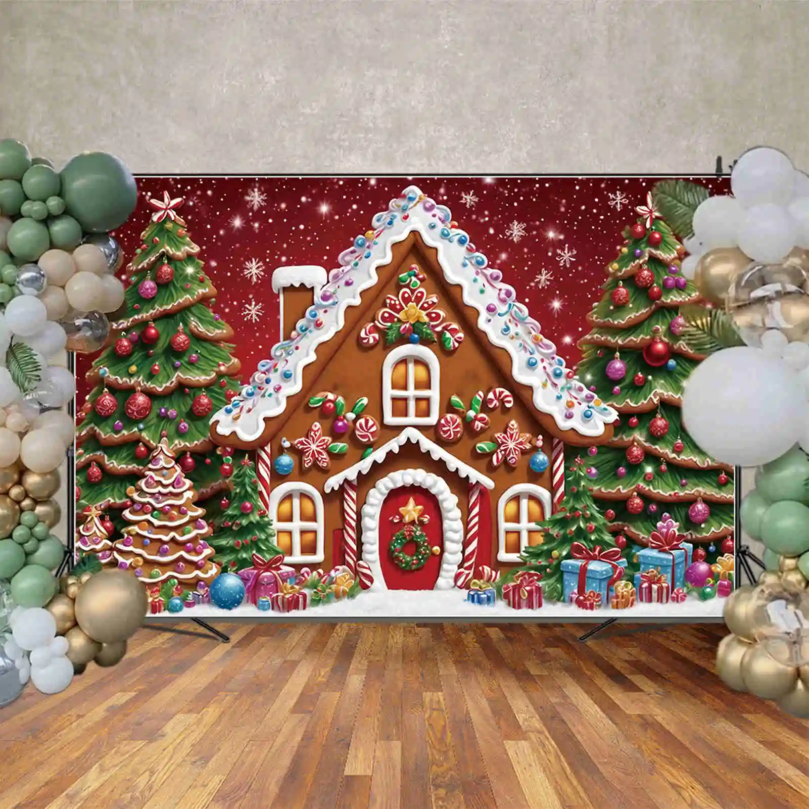 MOON.QG Christmas Trees 2024 Backgrounds Red Snowflake Gingerbread House New Year Backdrops Party Decoration Photography Props