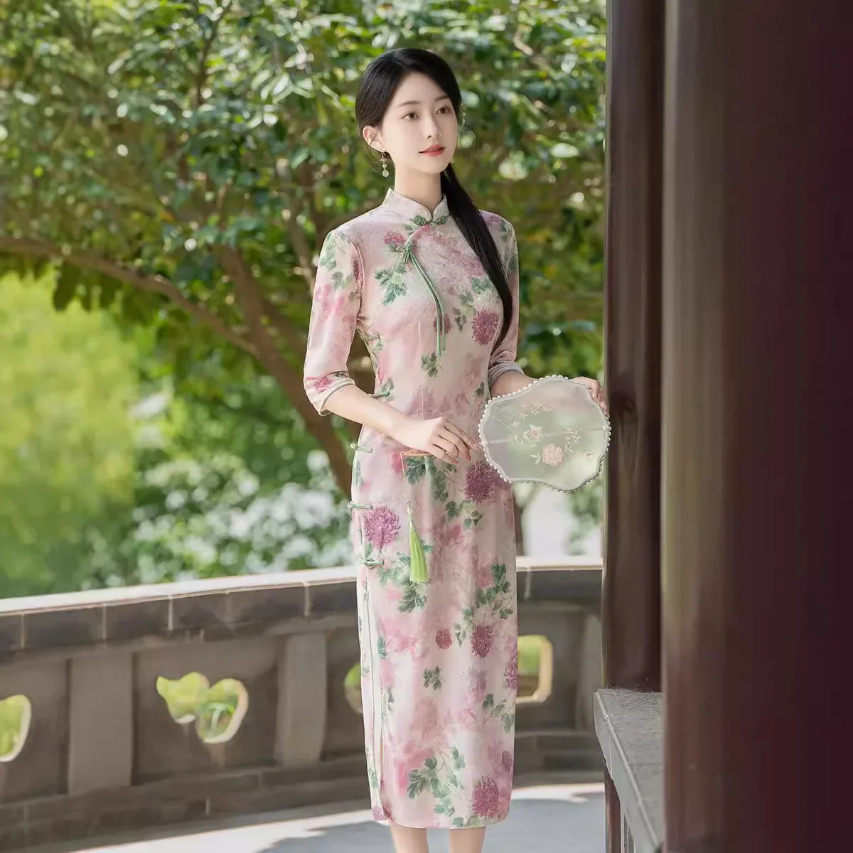 المخملية شيونغسام 2024 الخريف نمط طويل تحسين مزاجه شيونغسام النمط الصيني المألوف شيونغسام تنورة #2