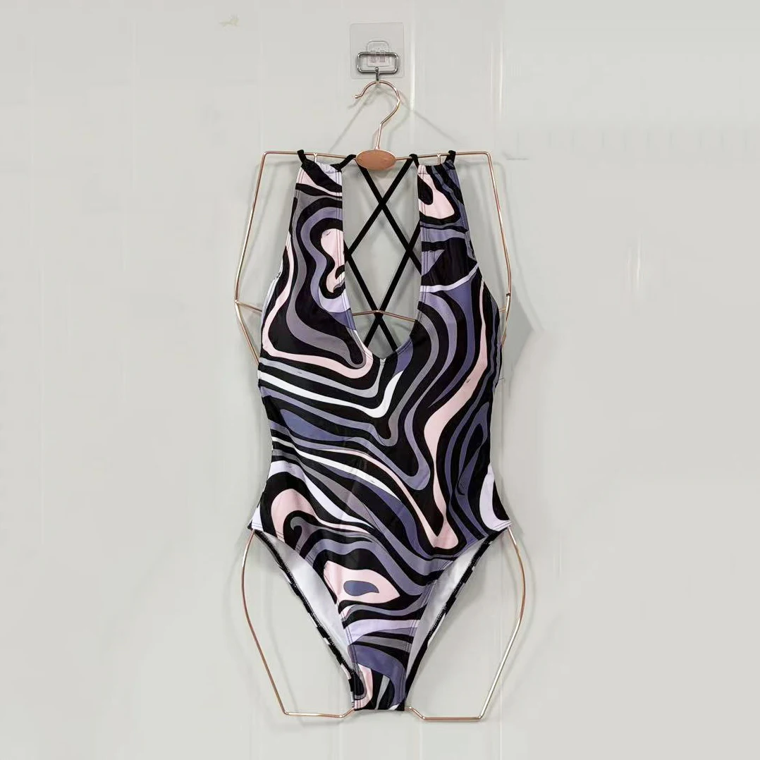 Classic Design Women's Black Ribbon Scarf Swimsuits with Designer Signature Letter Logo Luxury Brand Women's One-Piece Swimsuits