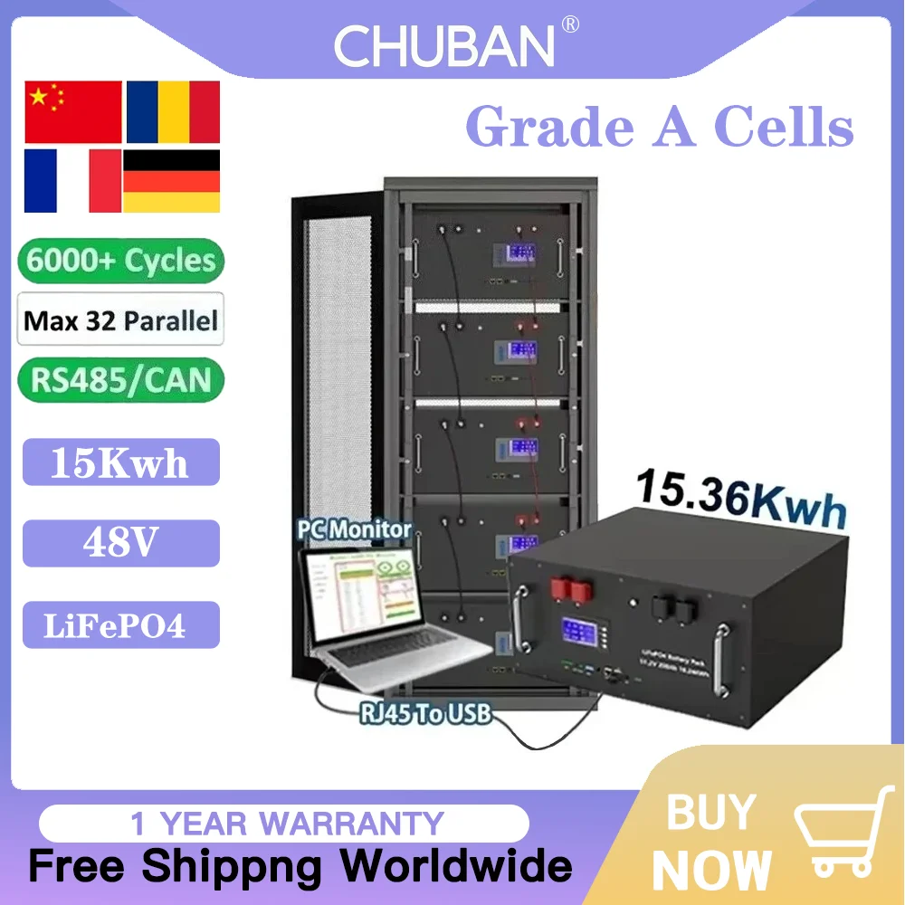 

48V 300Ah LiFePO4 Solar Battery 15kWh - 6000 Cycles with BMS, 51.2V 100-300Ah Solar Storage System for RV/Off-Grid, CE/RoHS Cert