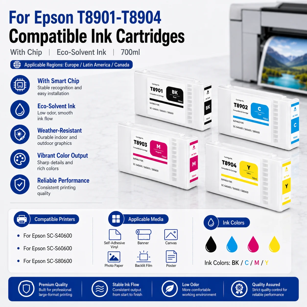 For Epson T8901 T8902 T8903 T8904 Ink Cartridge High Capacity 700ML Eco-Solvent Ink With Chip For SC-S40600 S60600 S80600