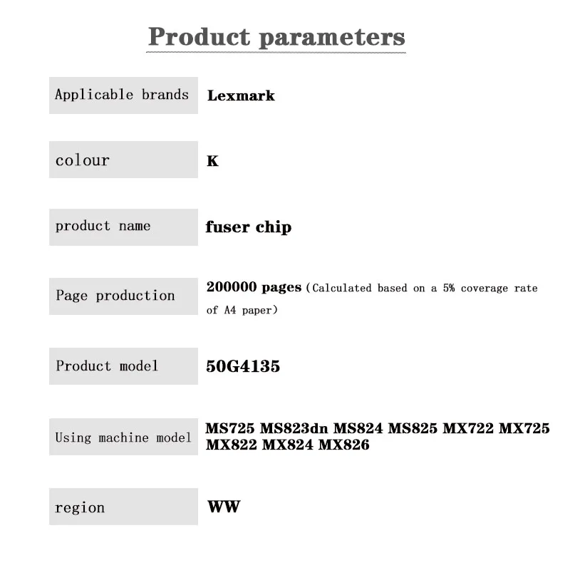 50G4135 BK 200K WW fuser chip for Lexmark MS725 MS823dn MS824 MS825 MX722 MX725 MX822 MX824 MX826 fuser chip