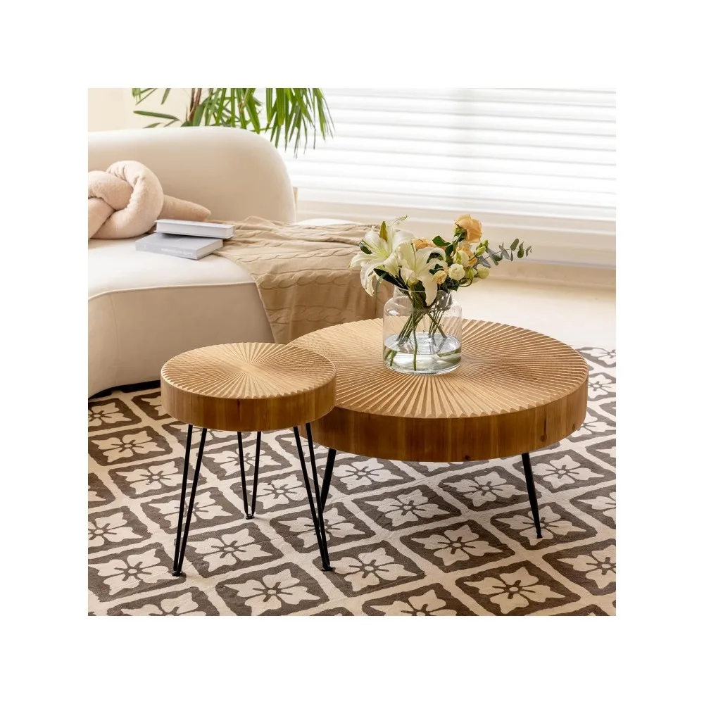 2-Piece Modern Farmhouse Living Room Coffee Table Set, Nesting Table Round Natural Finish with Handcrafted Wood Radial Pattern