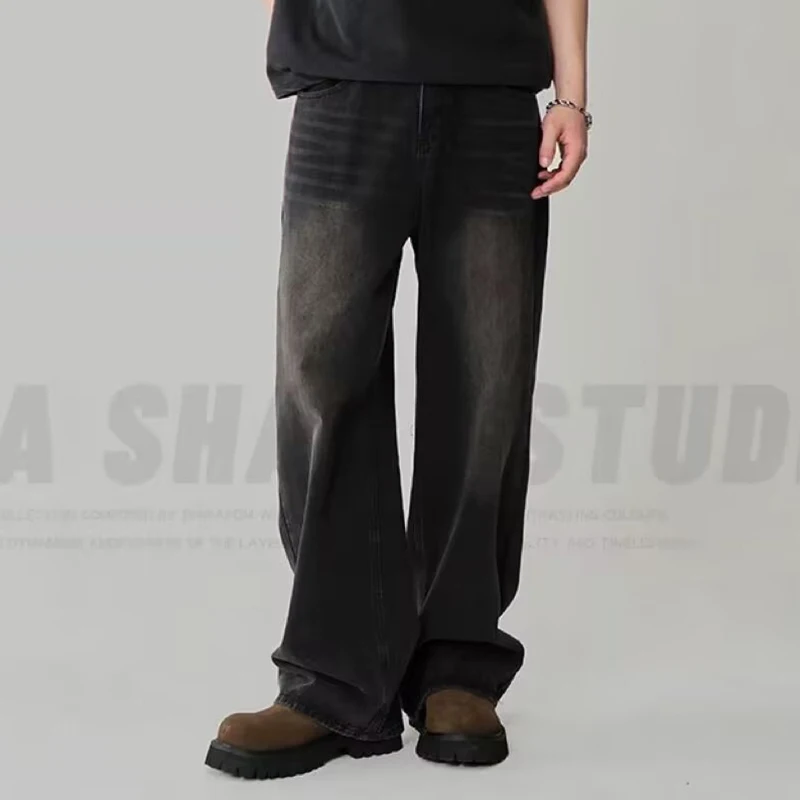 Men American Style Vintage Blue Jeans Fashion Spring Autumn Loose Straight Leg Denim Pants Male Daily Wide Leg Casual Trousers
