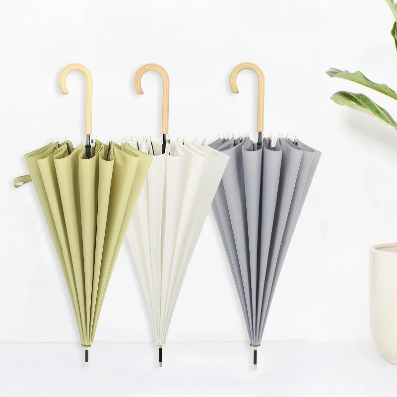 

Japanese Auto Open Close Long Handle Umbrella, 16-Rib Windproof Design with Floral Print, Classic Wooden Shaft for Rain & Sun