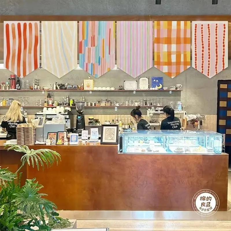 VIKAMA Geometric Checkered Triangle Flag Curtains, Korean-Style Macaron Curtains, Pastry Shop Kitchen Decor