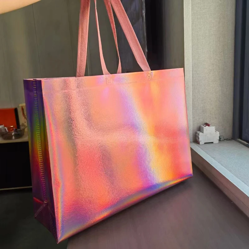 

10pcs Iridescent colorful Dazzling handle non-woven shopping bag handbag printed logo available brand packaging Holographic