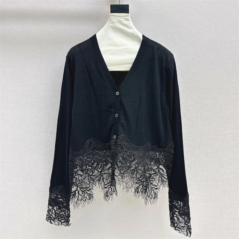 

Cardigan for women New elastic slim V-neck long sleeved top for autumn 2025 wool blend Women's sweater Lace patchwork Thin coat