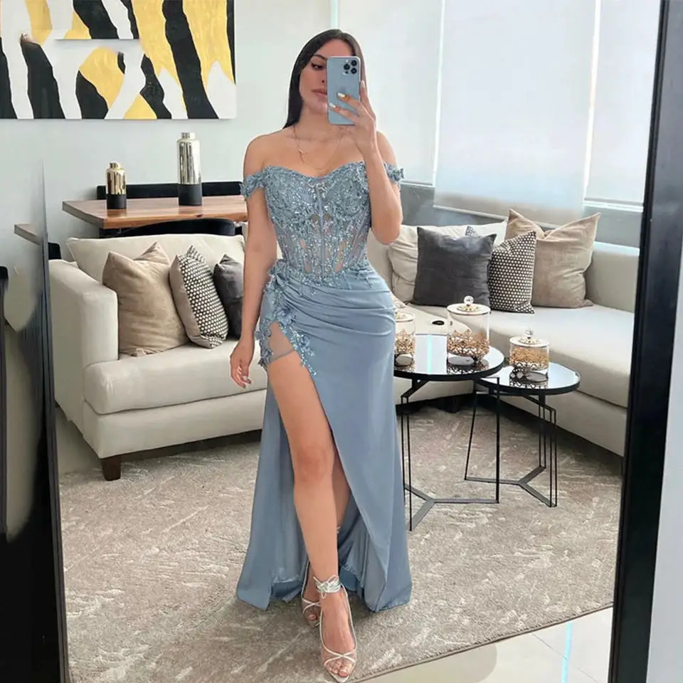 Customized Off The Shoulder Prom Dress Silk Satin Mermaid Party Dress Lace Embroidery Evening Dress Side Split Christmas Dress