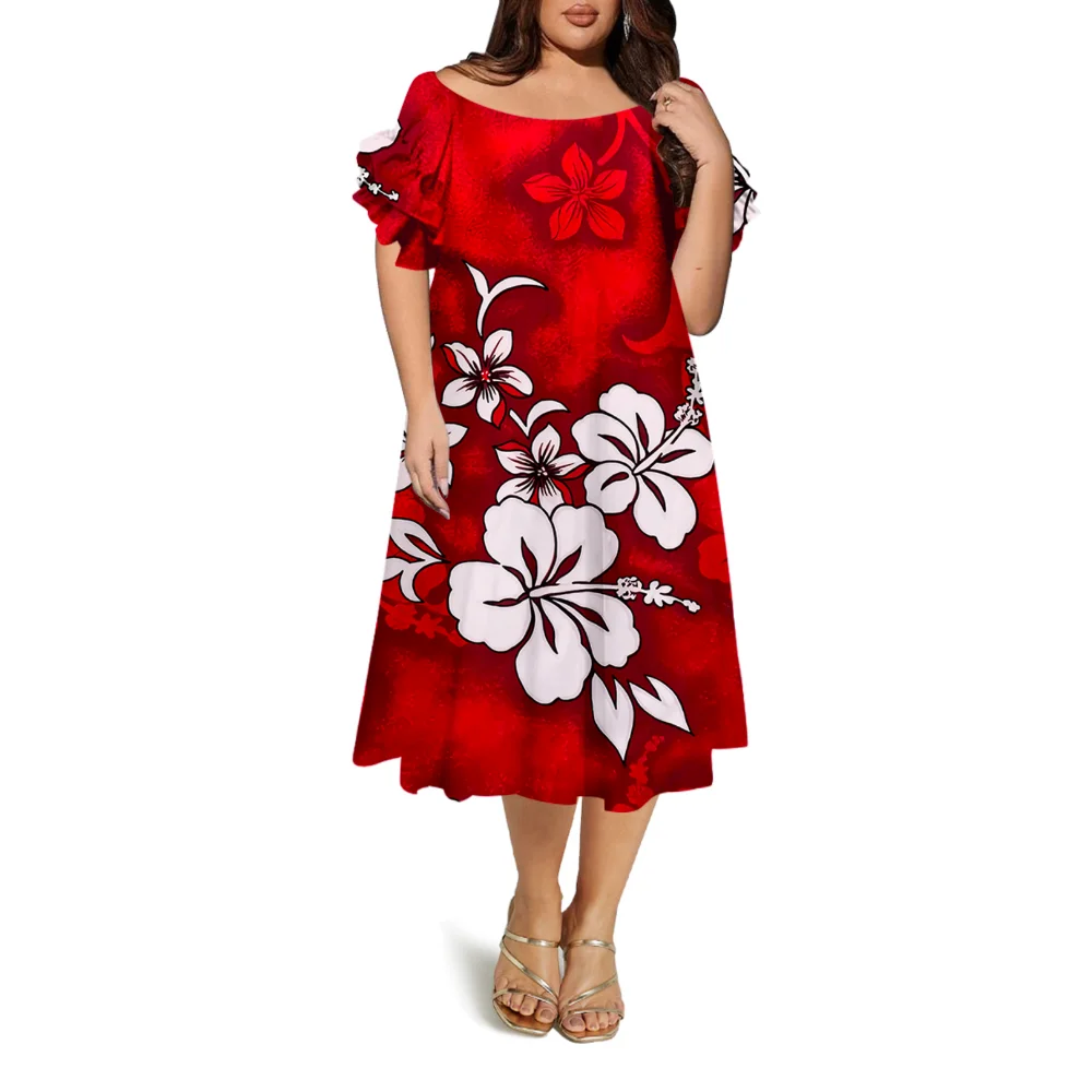 

High-Quality Women'S Short-Sleeved Round-Neck Long Dress One-Shoulder Dress Samoan Polynesian Island Design Pattern
