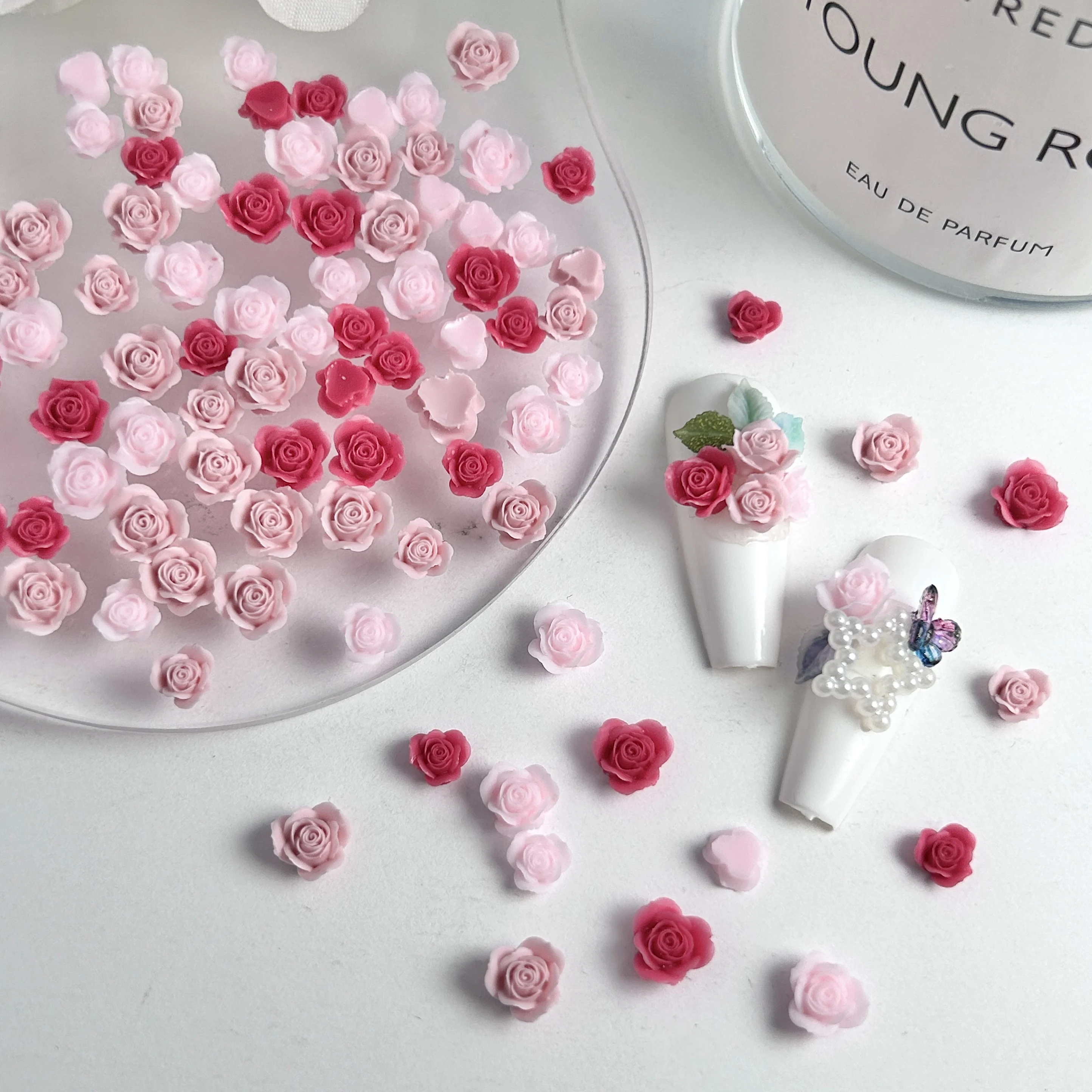 60PCS Macaron Colored Creative Triangle Rose Resin Nail Charms Mini Adorable Blossoms Nail Art Decorations for DIY Earring Nails