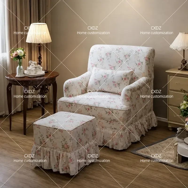 Retro Small Floral Cotton Linen Fabric Sofa Chair Pastoral Balcony Living Room Homestay Leisure Armchair Tiger Pattern Seat