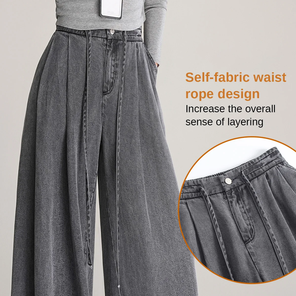 LOUIS YAO High Waist Loose Wide Leg Pants 2025 Autumn Lyocell  Women's Jeans Fabric Casual Elastic Waist Long Pants