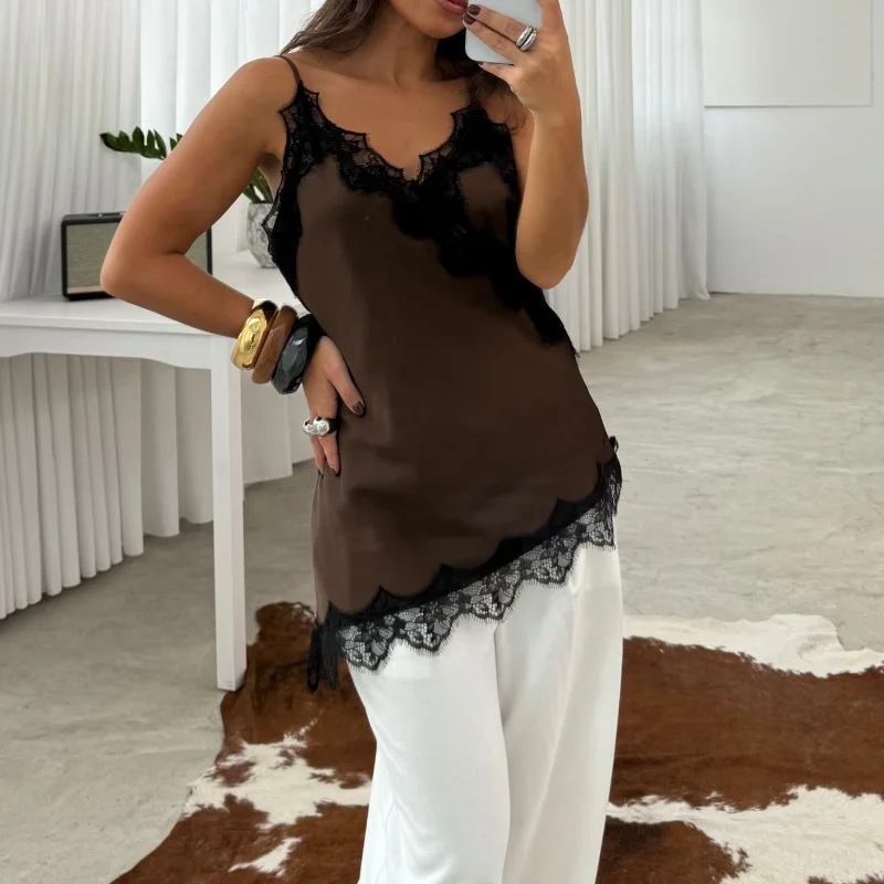 Eleganckie satynowe topy damskie z koronkowym wykończeniem, asymetryczne codzienne kamizelki, letnia moda, topy bez rękawów, odzież uliczna.