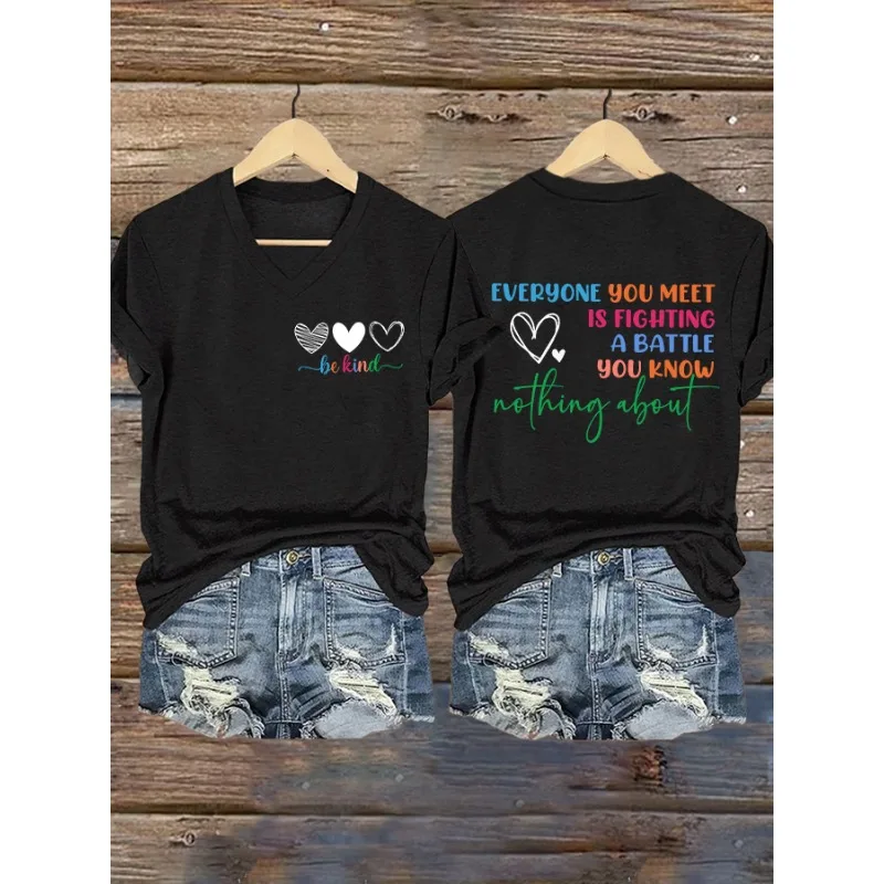 ilstile Women's Mental Health Print T-Shirts Short Sleeve  V Neck Female clothing Summer Black  Tops Casual Tees New Arrival