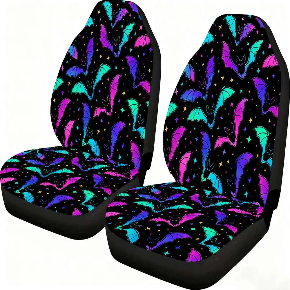 2pcs Neon Glow-in-the-Dark Bat Design Car Seat Covers - High-Back Fit For Cars, SUVs, Trucks - Spooky Halloween & Christmas Acce