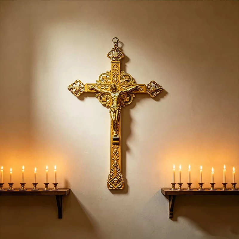 Handcrafted Gold Plated Ornate Filigree Wall Hanging Crucifix Cross with Jesus Corpus for Catholic Christian Decor Gift