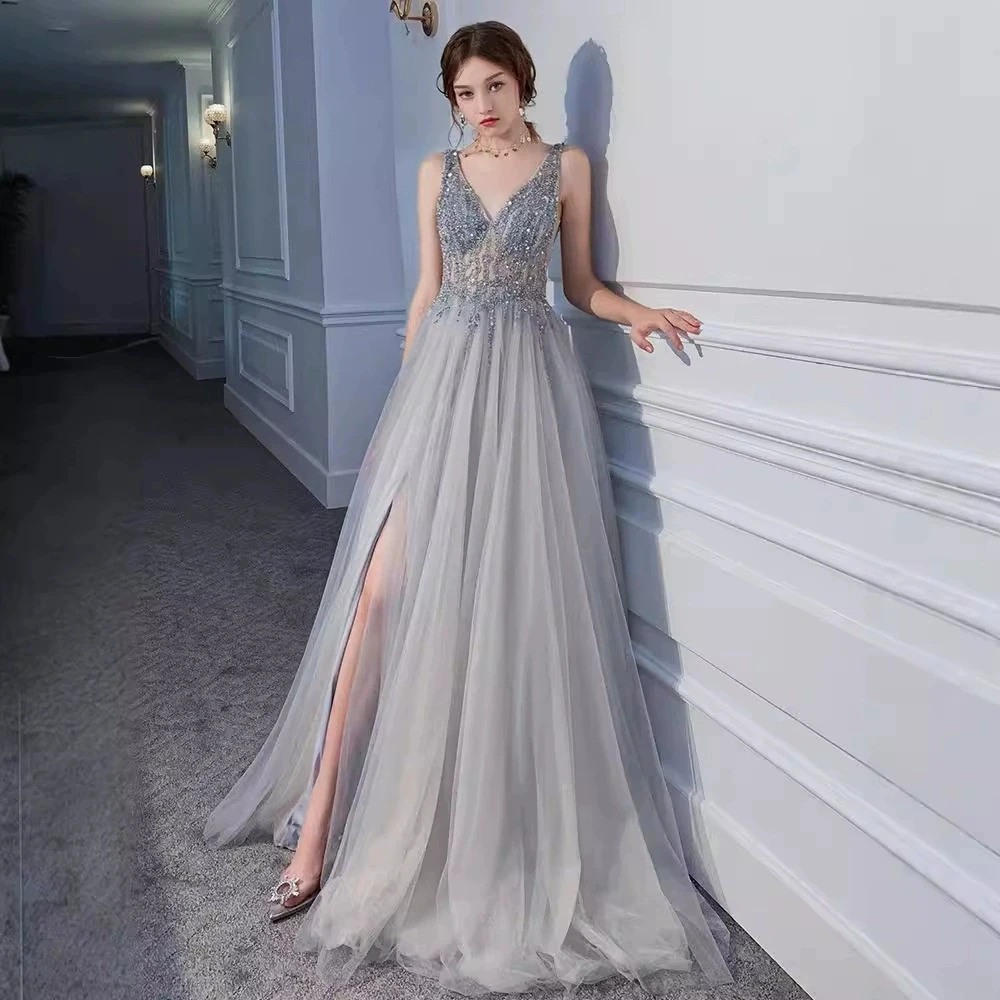 

New Silver Gray Tulle Special Occasions Side Split Evening Dress Women Birthday Party Sleeveless V Neck Prom Gown