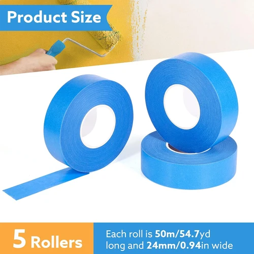 Imagen 2 del producto 5 rollos de cinta adhesiva de 24mm x 50m para pintar, cinta para pintores, cinta para manualidades DIY, rojo, amarillo, azul, verde, rosa, morado, negro y blanco