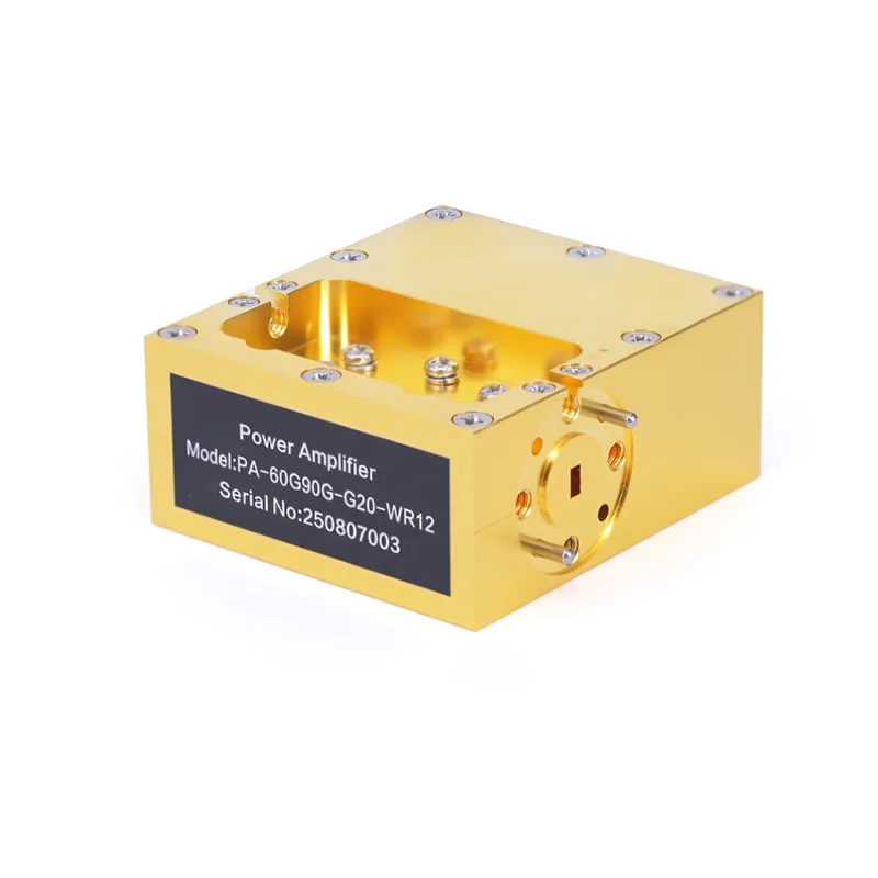Gold-Plated WR12 Waveguide PA, 60-90GHz Wideband, 20dB Gain, 19dBm Psat, Low Noise Microwave Power Amplifier