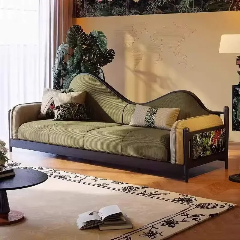 French Wabi Sabi Simple Fabric Sofa Set Wooden Legs Retro Straight Sofa for Small Apartment Living Room