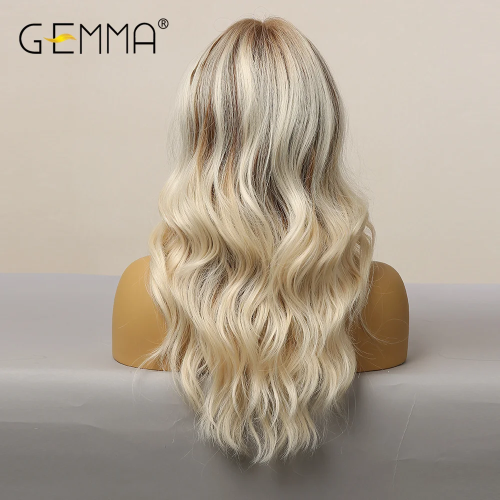 GEMMA Long Wavy Omber Brown Blonde Lace Front Wigs for Women Middle Part Lace Synthetic Wig Heat Resistant Cosplay Daily Hair