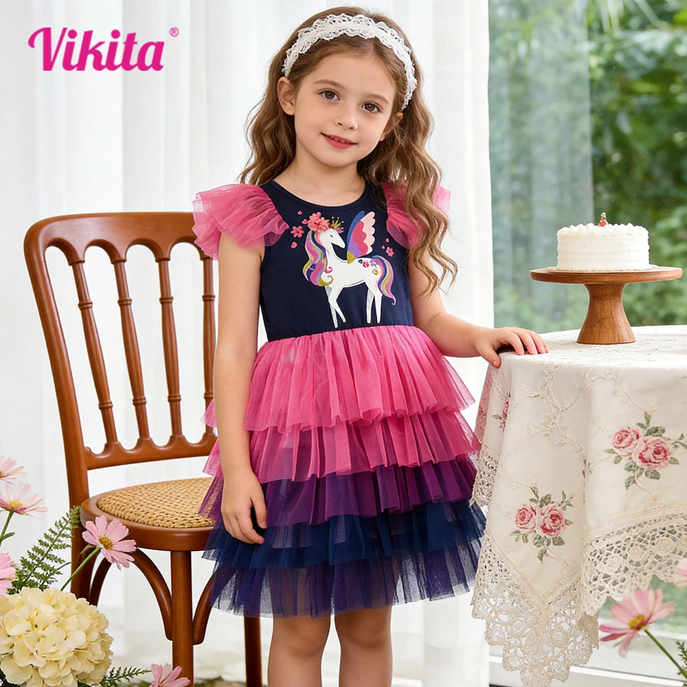 VIKITA Mädchen-Einhorn-Prinzessinnenkleid mit Flatterärmeln, Sommerkleid in Marineblau, für Kinder, Farbverlauf, gestuft, glitzernd, für Hochzeit, Party, elegantes, mehrlagiges Kleid
