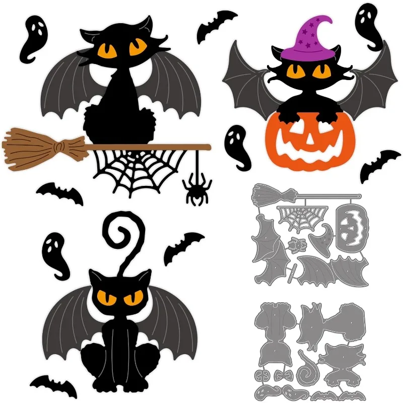 Corte de Aço Carbono Halloween Morre, Morcego, Gato, Fantasmas, Cobweb, Stencils para Card Making, Gravação Decorativa, DIY, 2pcs