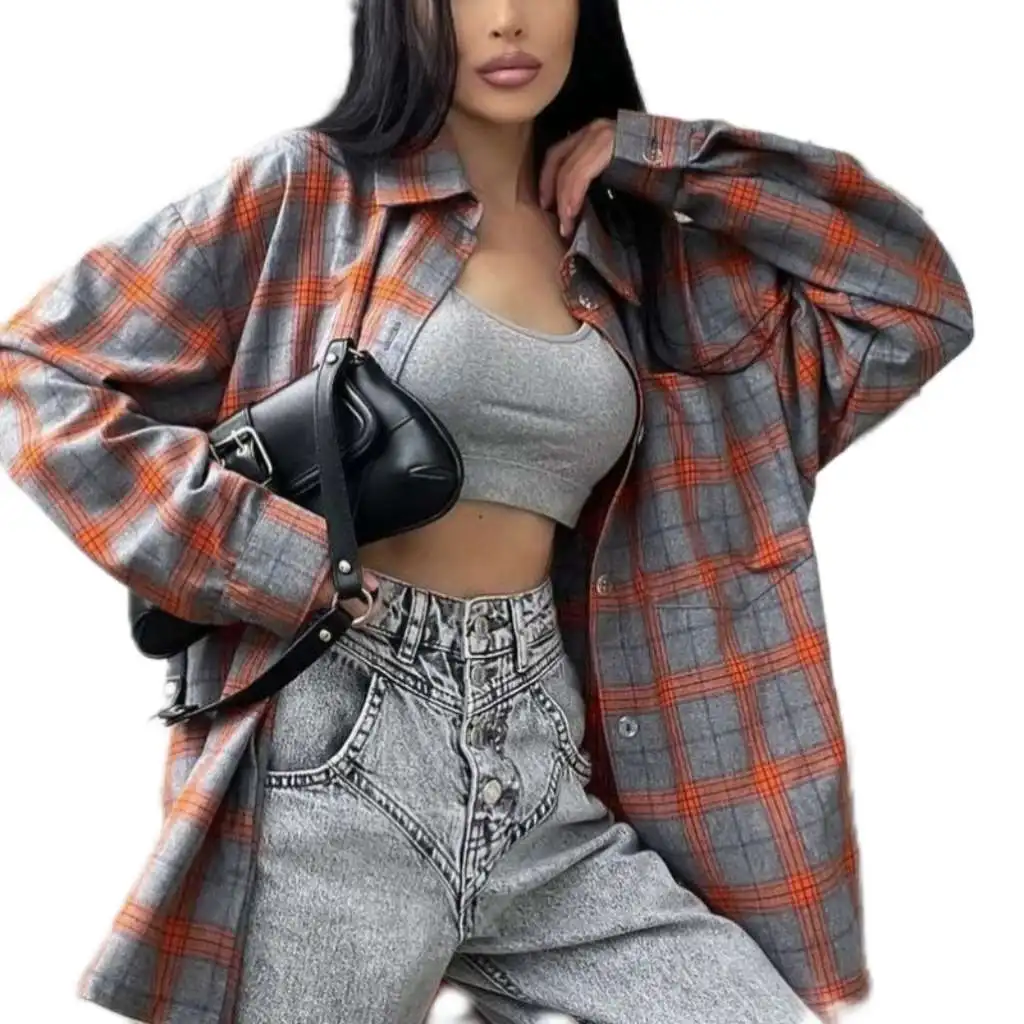 Casualowa koszula w kratę w kratę Luźna koszula z długim rękawem i guzikami Długa kurtka koszulowa 2025 Wczesna wiosna Moda dojeżdżająca do pracy Odzież damska