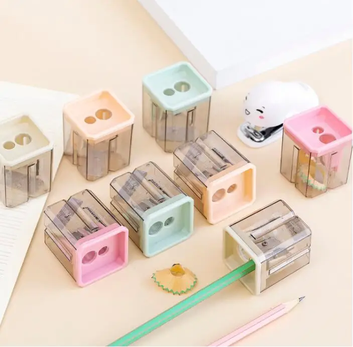 48 pcs/lot Creative Transparent Double Hole Modeling Pencil Sharpener Cute Hand Mechanical Cutter Knife Stationery School Supply