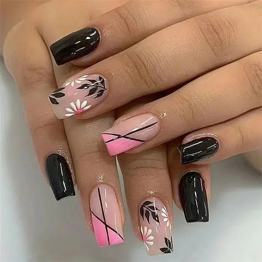 Reutilizáveis unhas postiças acrílicas, Long Ballet Press on Nail Dicas, caixão Vestindo, colorido, arte brilhante, 24Pcs Set