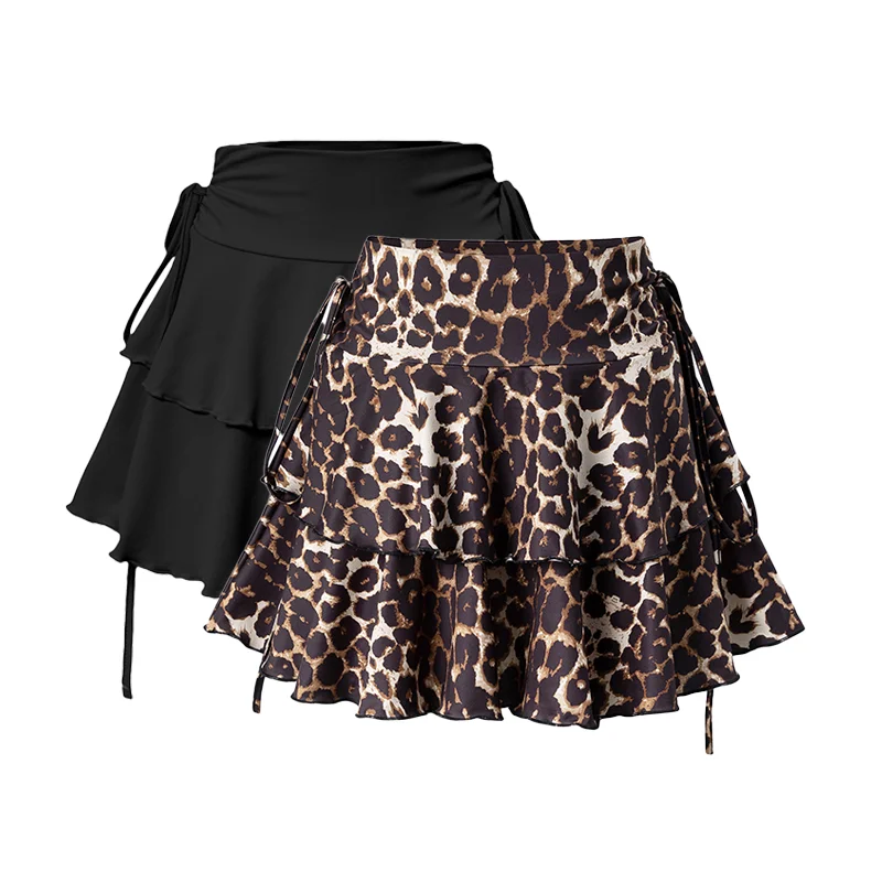 2026 New Women's Leopard Skirt Fashion Summer Outdoor Casual Versatile Outer Wear Skirt Elastic Waist Ruffled Mini Black Skirt
