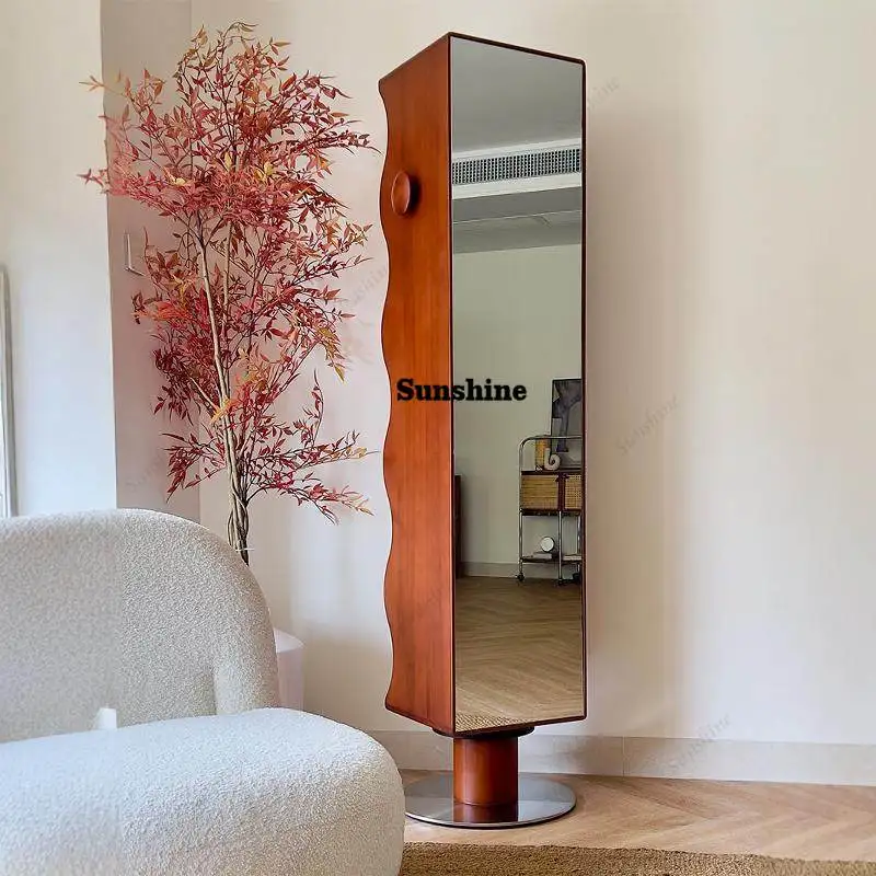 Full body full-length mirror medieval floor magazine cabinet solid wood household bedroom rotating mirror cabinet