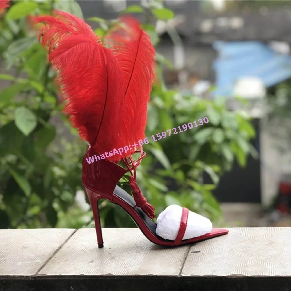 Feather High Heels Sandals Pointy Toe Ankle Strap Thin Heels Solid Runway Shoes Summer Party Black Straight Strap Women Shoes