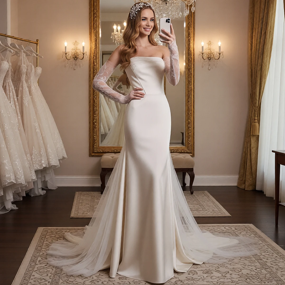 

Elegant Strapless Satin Mermaid Wedding Dresses Long Lace Sheath Bridal Party Gown For Women Vestidos Novia