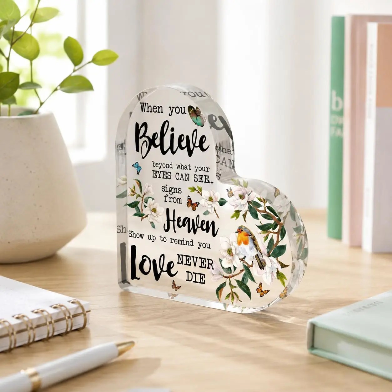 Smile Memorial Acrylic Tabletop Plaque, Heart Shaped Heaven Signs Love Never Dies Themed Decorative Sign with Magnolia Bird Butterfly Elements for Home Decor and Sympathy Gift