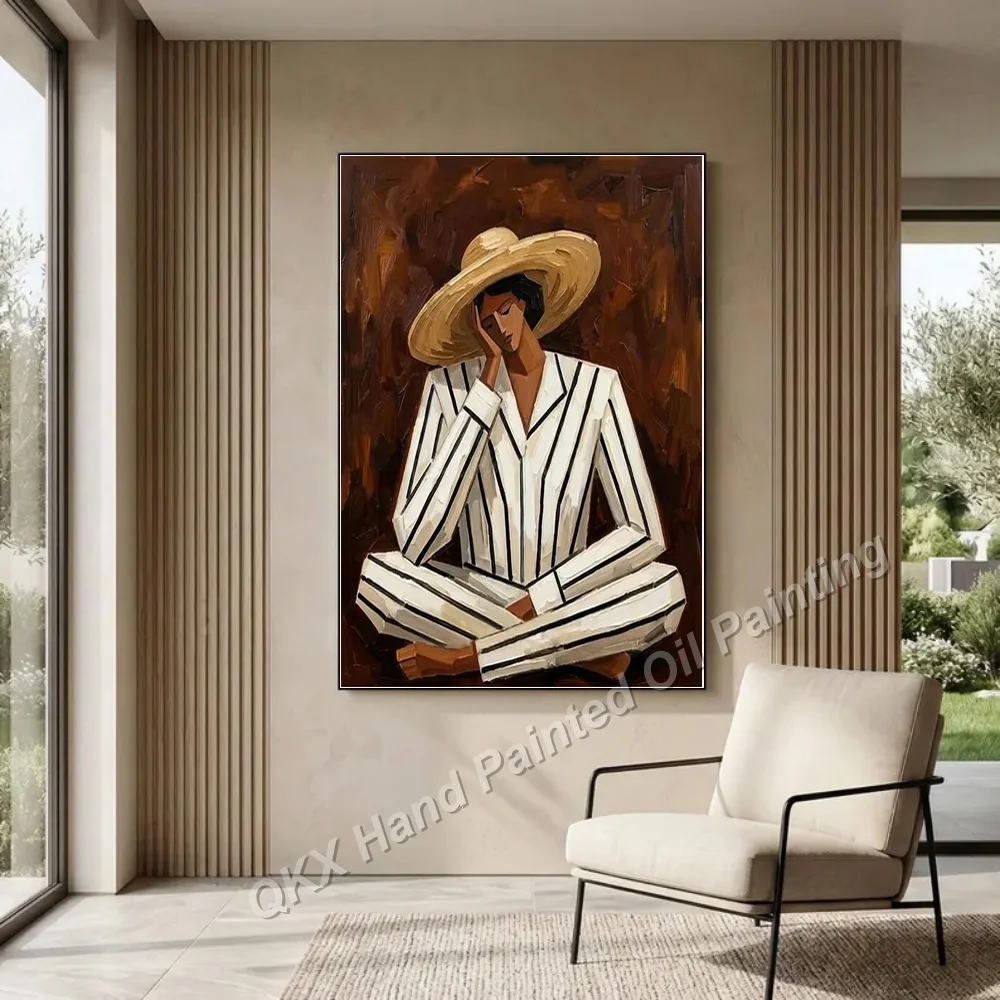 Hand-Painted Terracotta Abstract Figure Oil Painting Mid-Century Modern Textured Canvas Art for Living Room Wall Decor