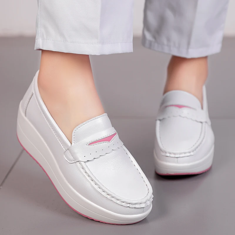 Women Platform Wedges Casual Shoes Loafers Soft Nurse Work Shoes Breathable Comfortable Non-slip White Leather Nursing Shoes