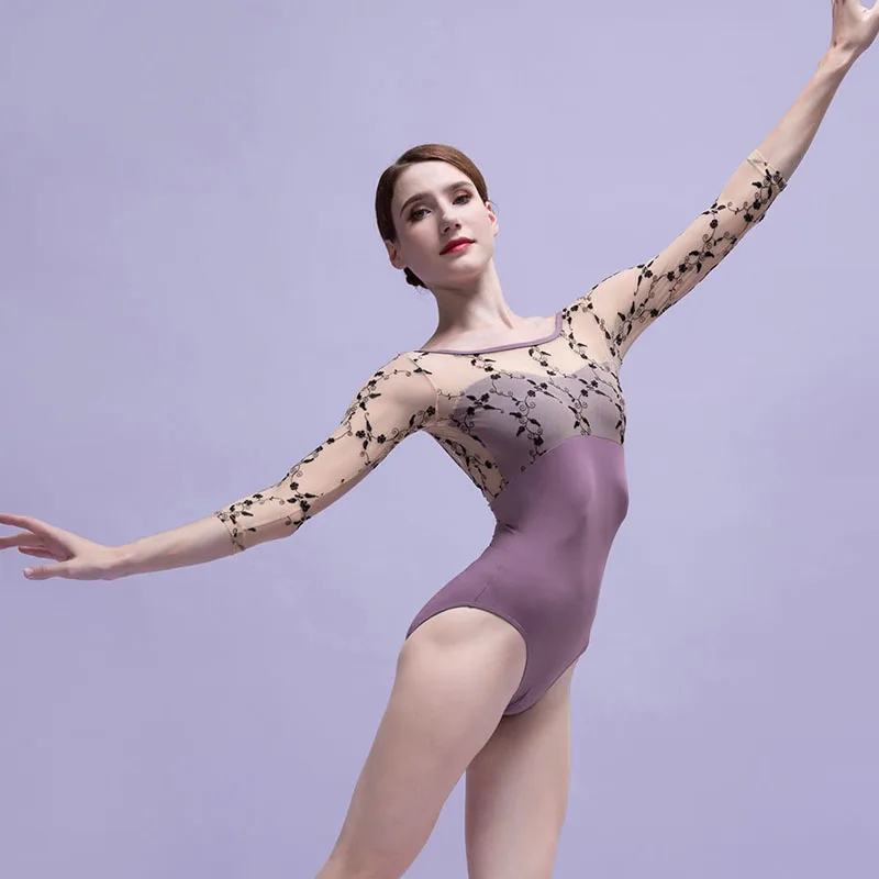 New Embroidered elastic mesh Ballet Leotard Women three-quarter sleeve Gymnastics Bodysuit high quality Dancewear