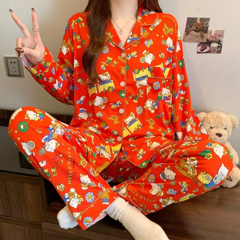 Bonito olá kitty conjunto de pijama vermelho presente de natal manga longa outono loungewear pijamas confortáveis homewear pijamas femininos