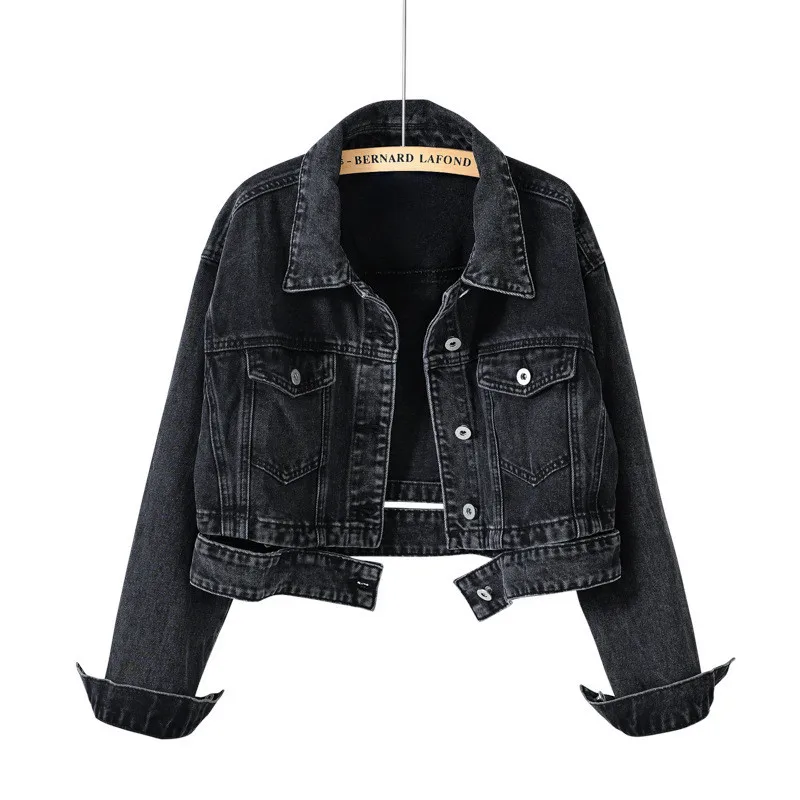 

Women's Trendy Streetwear Spring Autumn New Black Short Denim Jacket Coat Female Vintage High Waist Long Sleeve Jean Outerwear