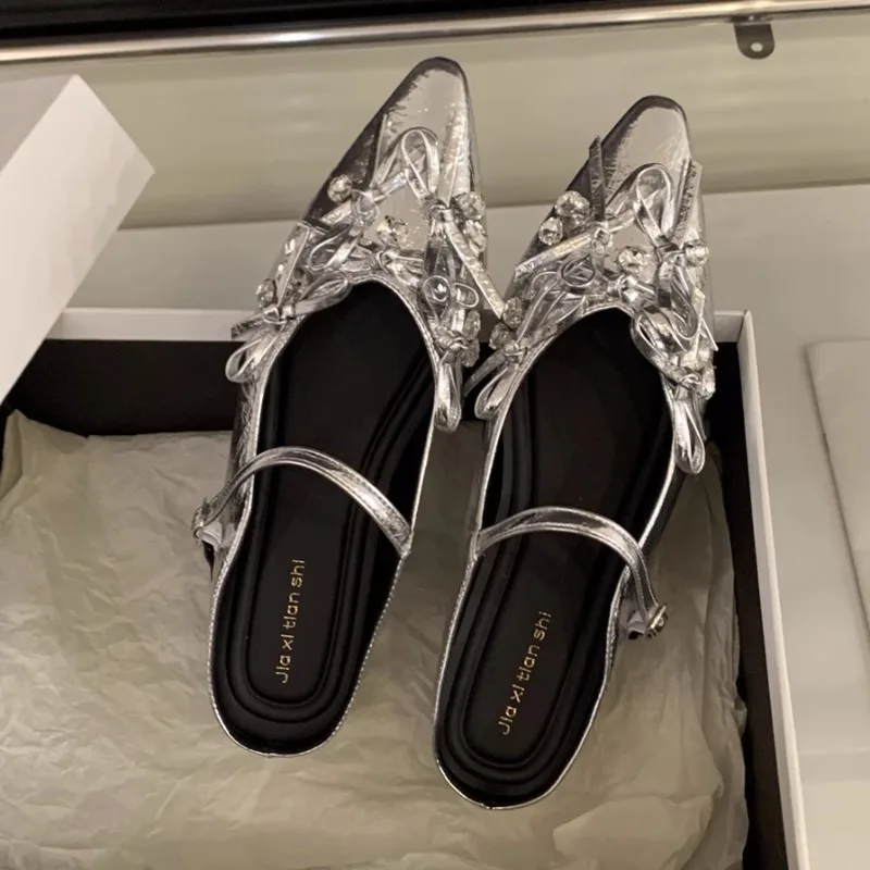 

Women's Fashion Shallow Mouth Crystal Bow Soft Sole Anti-slip Wear-resistant Low Heel Shoes Bao Head Slippers mary janes shoes