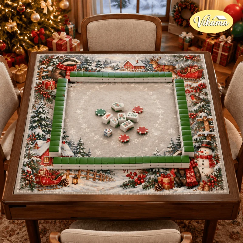 VIKAMA Christmas Mahjong Table Mat Winter Snowman Reindeer Badger Sleigh Non Slip Square Game Mat for Xmas Family Game Night