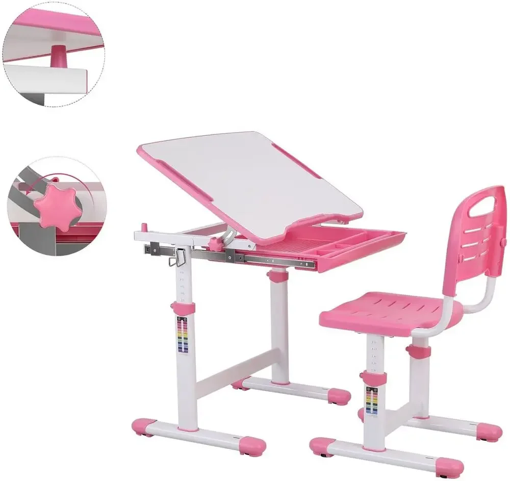 Mesa infantil com gaveta de cadeira e suporte de leitura infantil rosa para crianças mesa de estudo e cadeira 3-10 anos