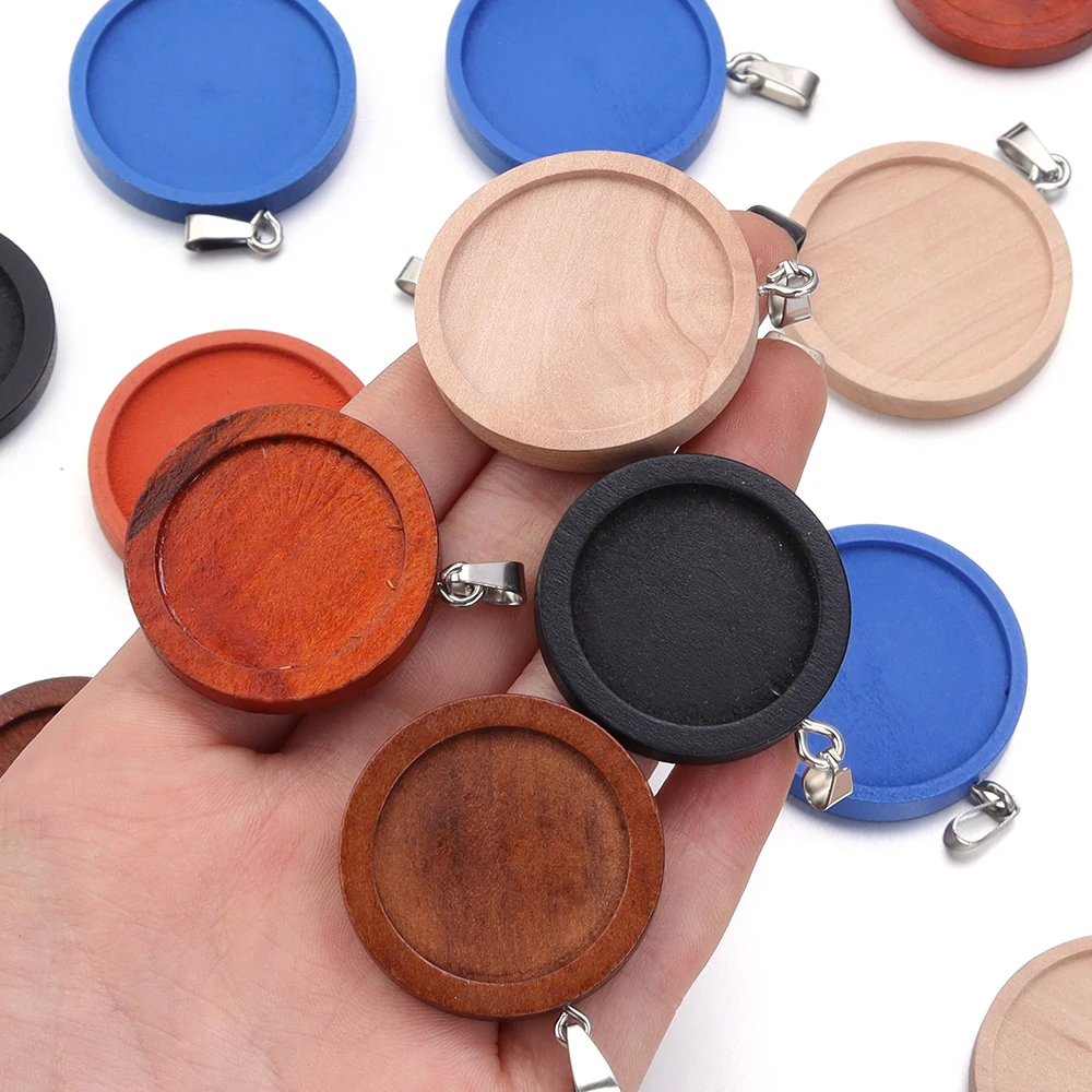 1Pcs 25mm 30mm Multicolor Wood Cabochon Settings Round Blank Pendant Base Tray For  DIY Charm Earrings Necklace Jewelry Making