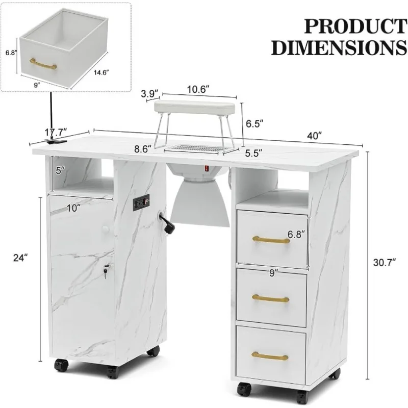 Manicure Table Nail Station Set with Power Outlets, Marble Grained Nail Tech Table Nail Table Station with No Wheels Chair w