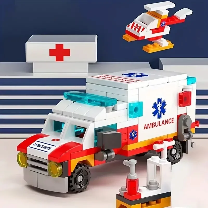 122pcs 6 in 1 Ambulance Escort Car Helicopter Paramedic Doctor Mini Loader Truck Building Blocks Sets Bricks Toy City