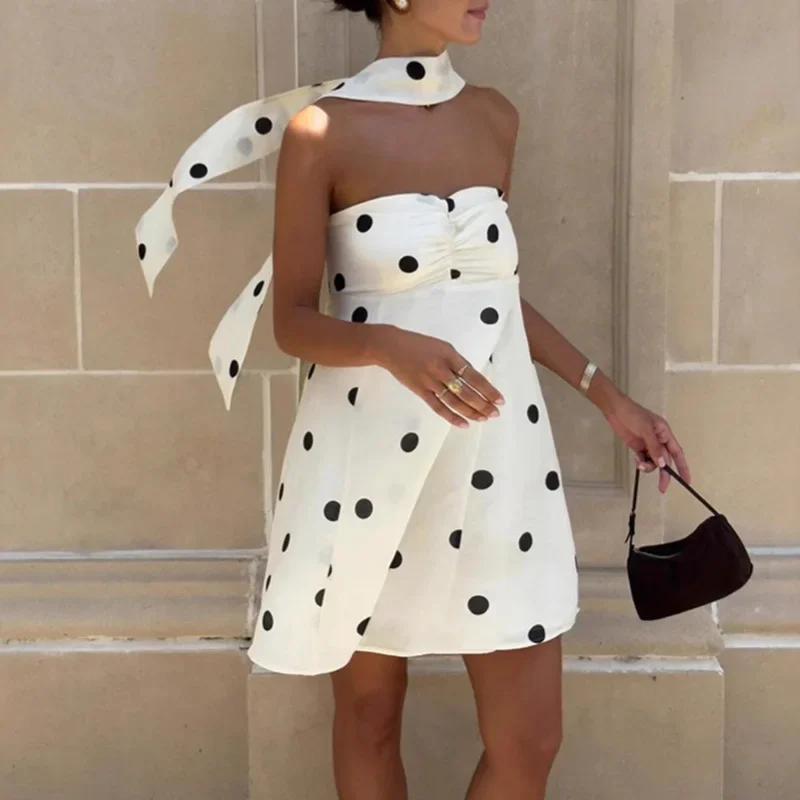 

Fashion Hollow Sleeveless Party Dress Elegant Off Shoulder High Waist Mini Dress Lady Sexy Strapless Polka Dot Print Mini Dress