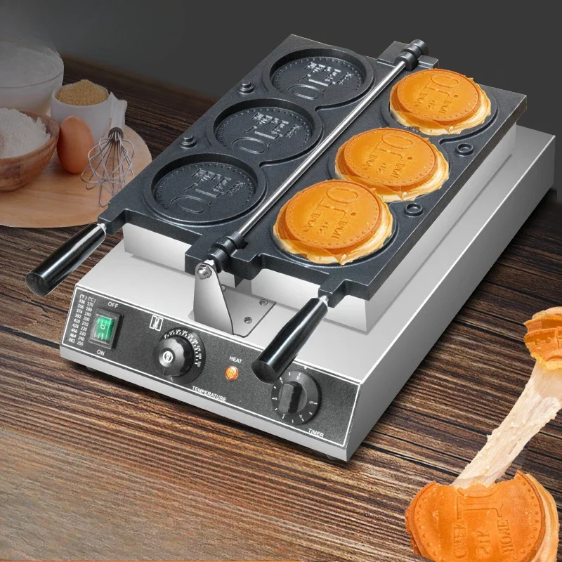 220V Commercial Non Stick Coating Gold Coin Waffle Machine Cheese Bread Character Coin Scones Waffle Iron Snack Equipment