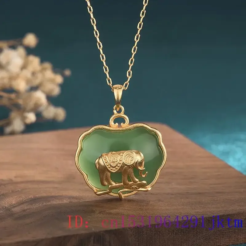 Green Jade Elephant Pendant Talismans Fashion Designer Chalcedony Jewelry Carved 925 Silver Gifts for Women Natural Necklace